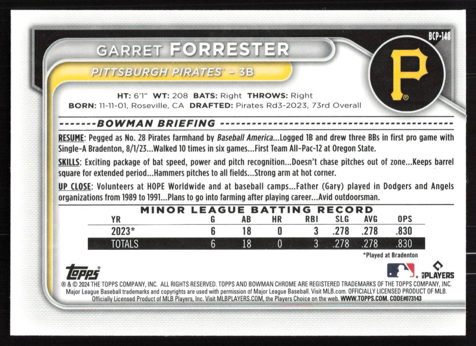 2024 Bowman #BCP-148 Garret Forrester Chrome Prospects