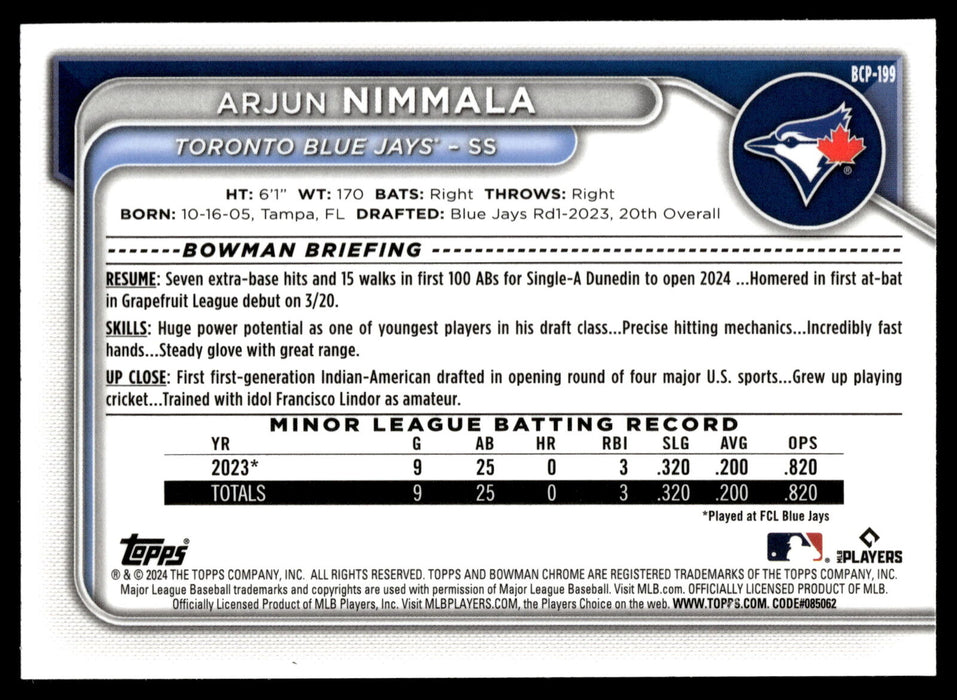 2024 Bowman Chrome #BCP-199 Arjun Nimmala Prospects