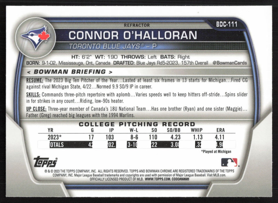 2023 Bowman Draft #BDC-111 Connor O'Halloran Chrome Refractor