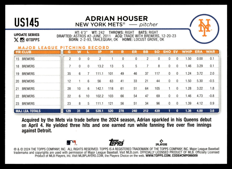 2024 Topps Update #US145 Adrian Houser Rainbow Foil