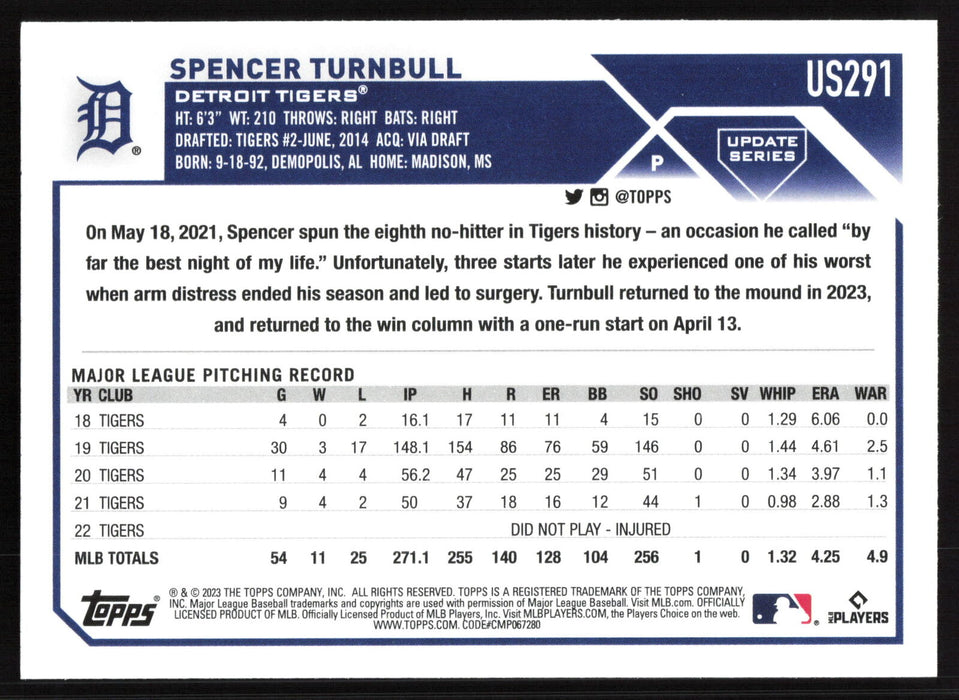 2023 Topps Update #US291 Spencer Turnbull Gold Foil