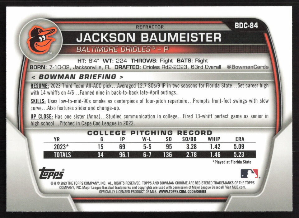 2023 Bowman Draft #BDC-84 Jackson Baumeister Chrome Refractor