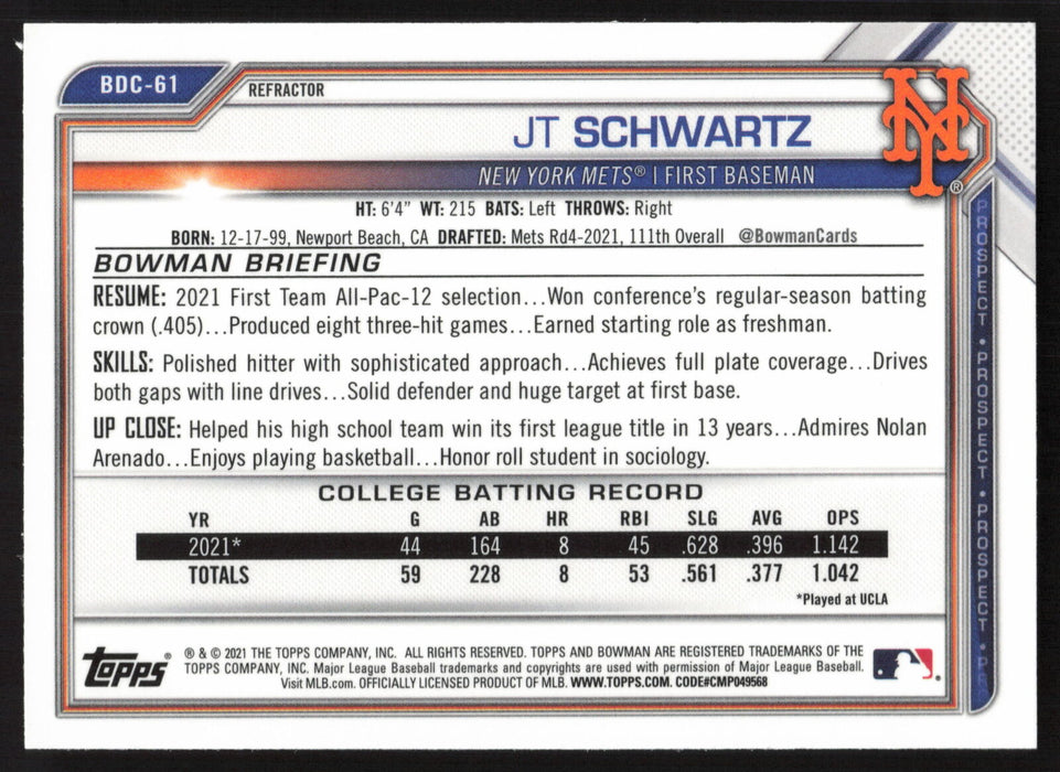 2021 Bowman Draft #BDC-61 JT Schwartz Chrome Refractor