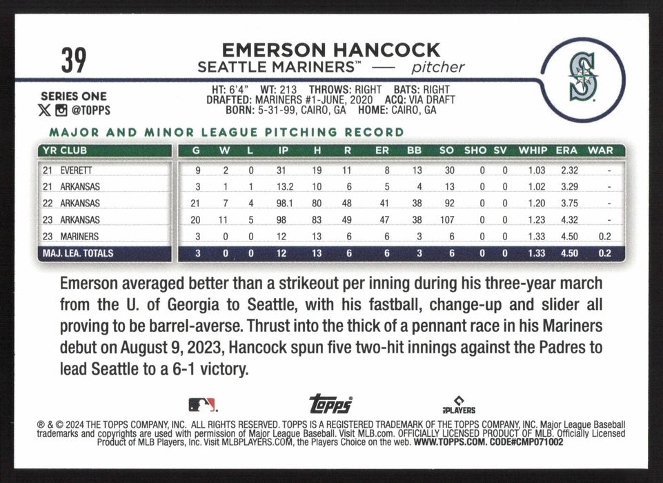 2024 Topps #39 Emerson Hancock Royal Blue