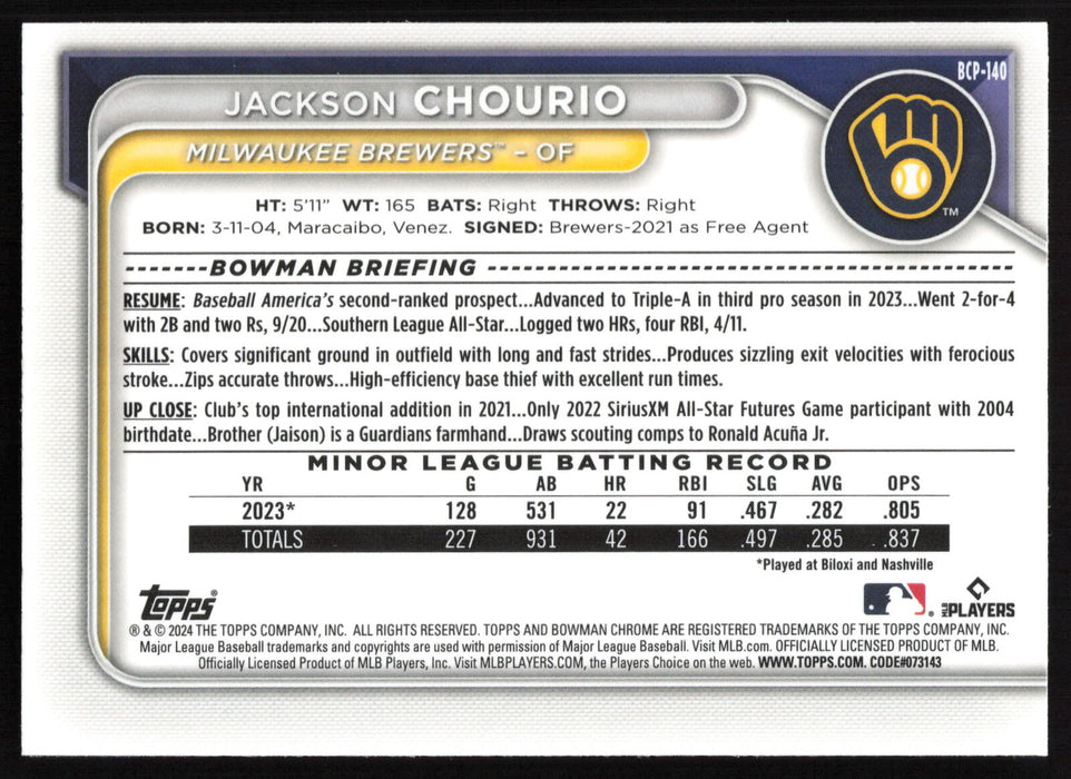 2024 Bowman #BCP-140 Jackson Chourio Chrome Prospects