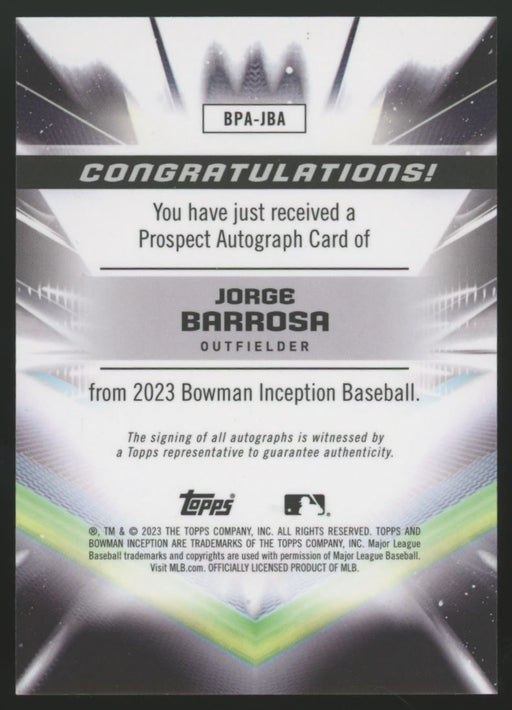 2023 Topps Inception #BPA-JBA Jorge Barrosa Autographs Fuchsia Foil /75