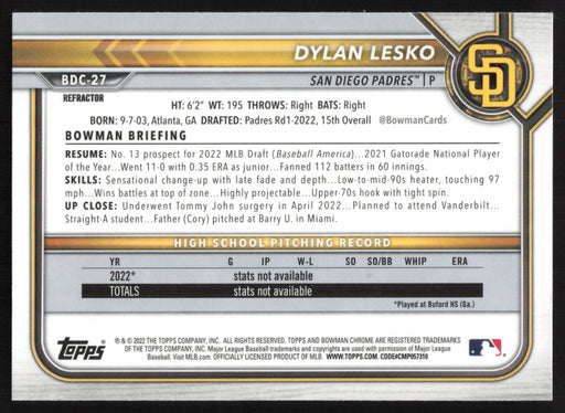 2022 Bowman Draft #BDC-27 Dylan Lesko Chrome Refractor