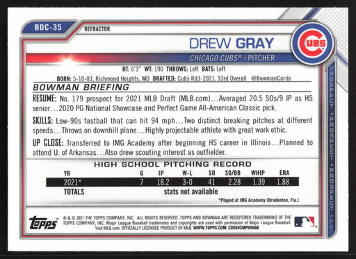 2021 Bowman Draft #BDC-35 Drew Gray Chrome Refractor