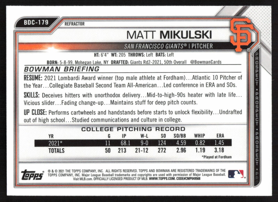 2021 Bowman Draft #BDC-179 Matt Mikulski Chrome Refractor