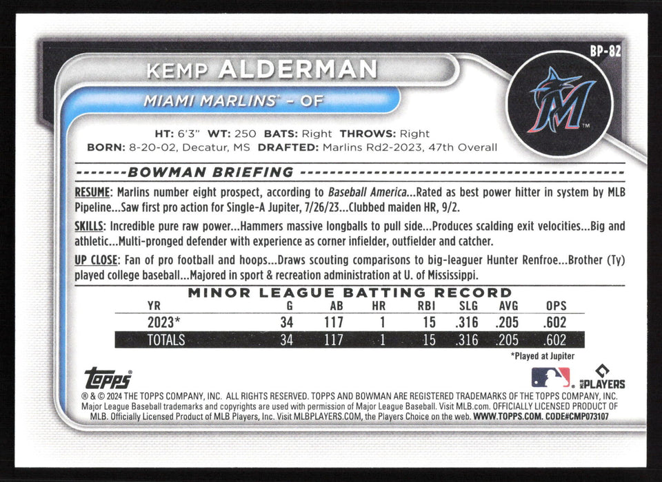 2024 Bowman #BP-82 Kemp Alderman Base