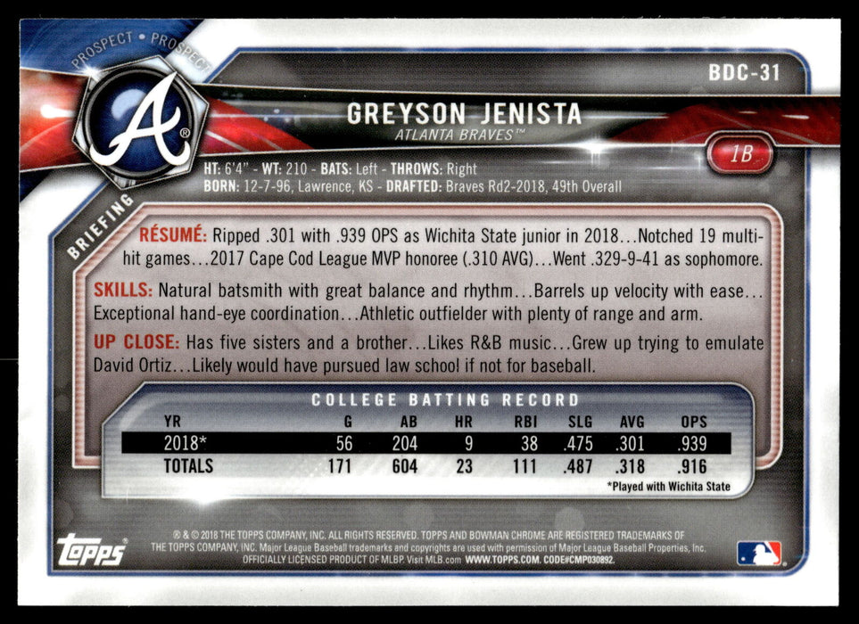 2018 Bowman Draft #BDC-31 Greyson Jenista Chrome