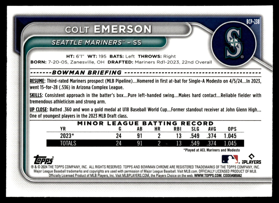 2024 Bowman Chrome #BCP-238 Colt Emerson Prospects