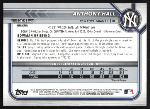 2022 Bowman Draft #BDC-97 Anthony Hall Chrome Refractor