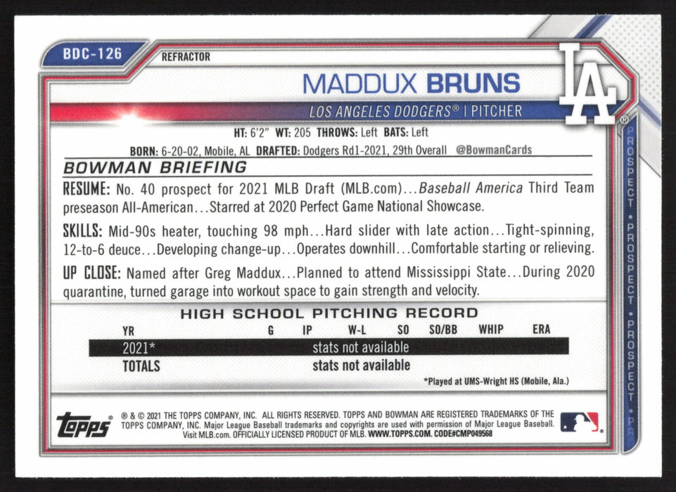 2021 Bowman Draft #BDC-126 Maddux Bruns Chrome Refractor