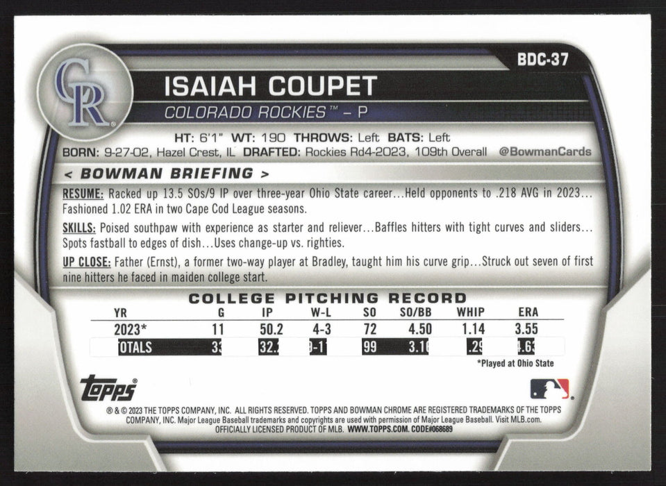 2023 Bowman Draft #BDC-37 Isaiah Coupet Chrome Sky Blue Refractor