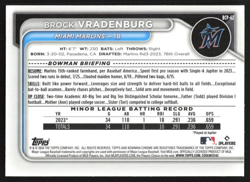 2024 Bowman #BCP-62 Brock Vradenburg Chrome Prospects