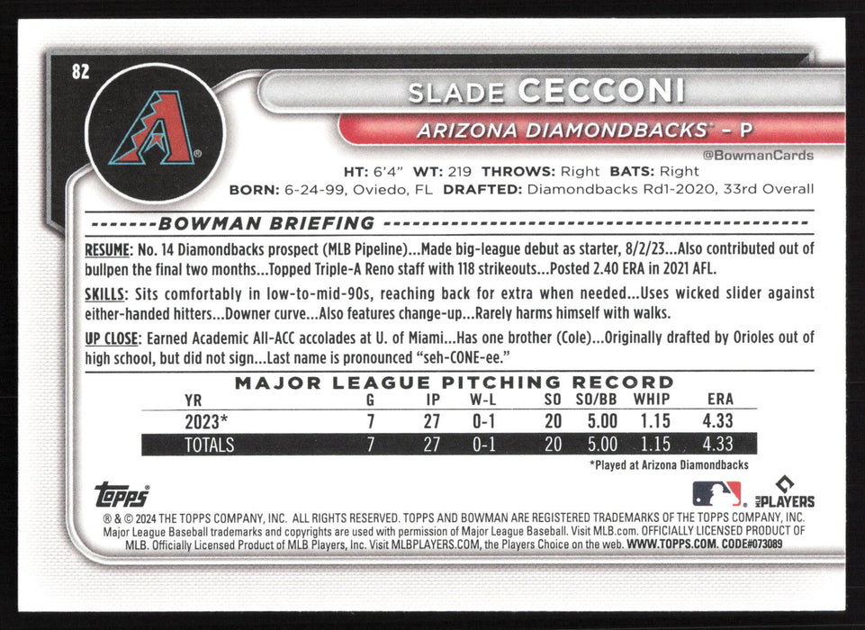 2024 Bowman #82 Slade Cecconi