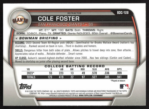 2023 Bowman Draft #BDC-128 Cole Foster Chrome Refractor