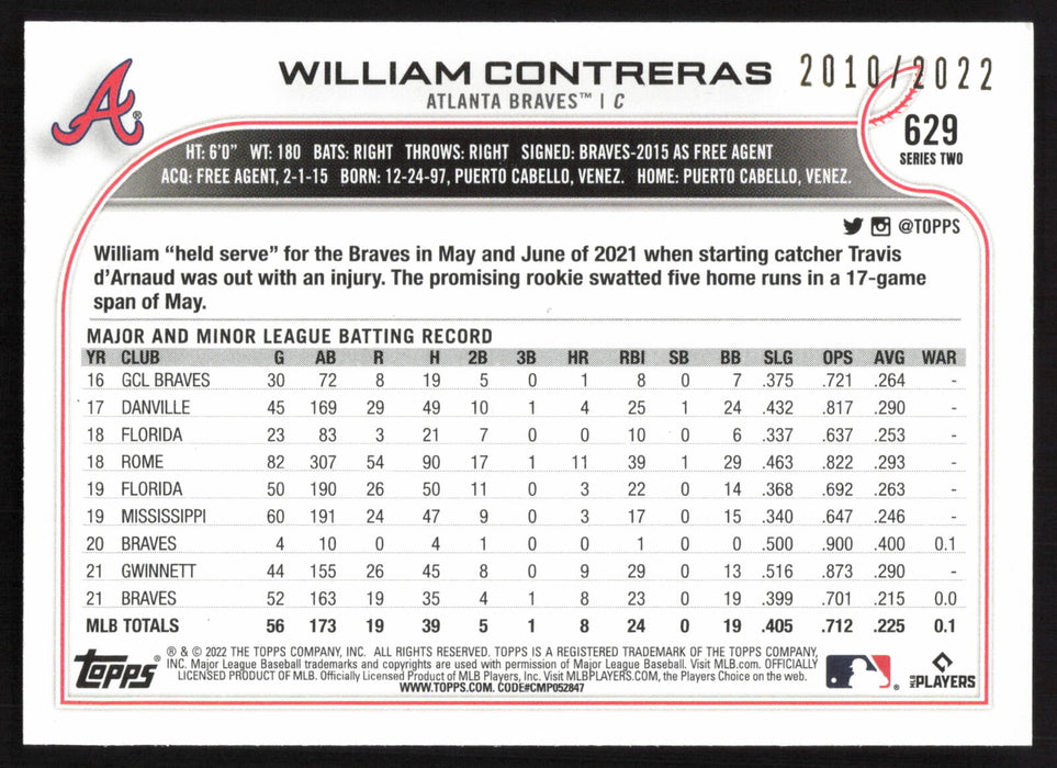 2022 Topps #629 William Contreras Gold #/2022