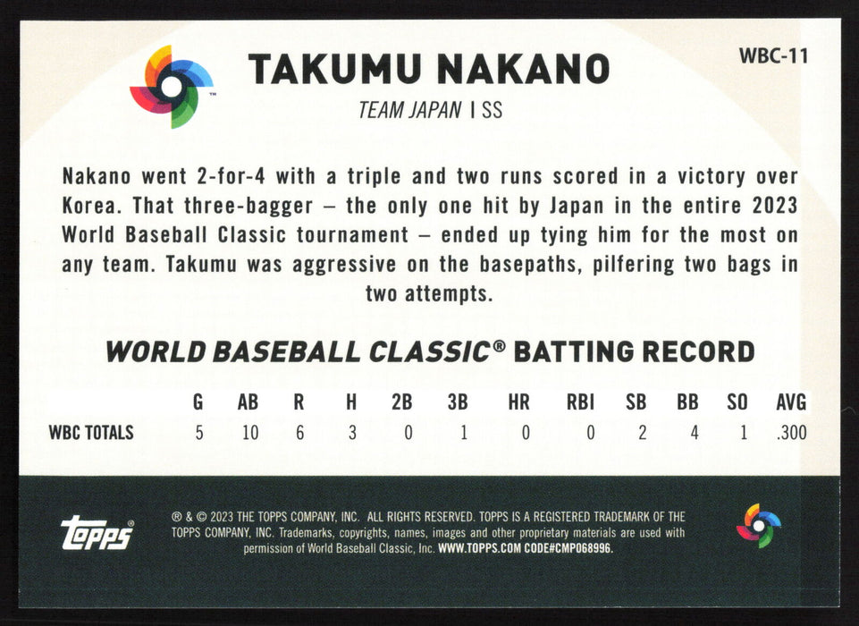 2023 Topps Japan Edition #WBC-11 Takumu Nakano WBC Japanese National Team