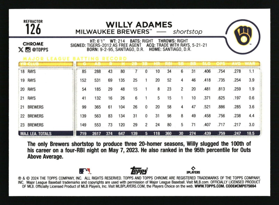 2024 Topps Chrome Milwaukee Brewers Refractor Lot (Adames, Williams, Yelich)