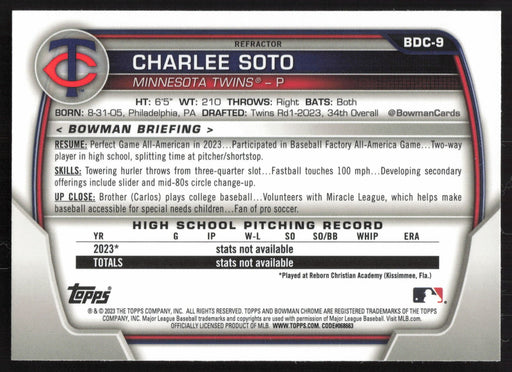 2023 Bowman Draft #BDC-9 Charlee Soto Chrome Refractor