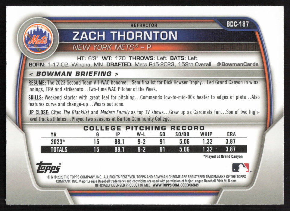 2023 Bowman Draft #BDC-187 Zach Thornton Chrome Refractor