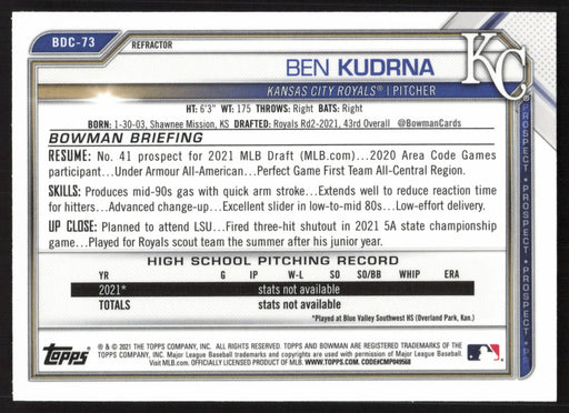 2021 Bowman Draft #BDC-73 Ben Kudrna Chrome Refractor