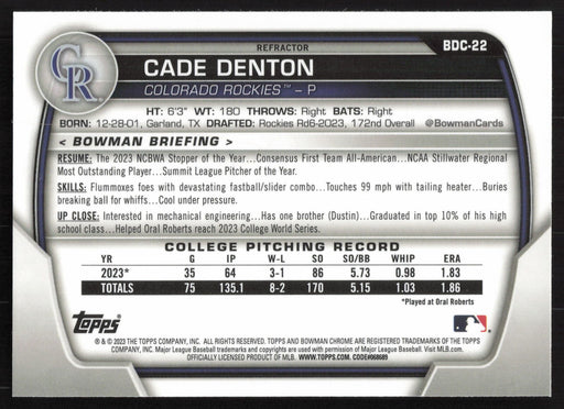 2023 Bowman Draft #BDC-22 Cade Denton Chrome Refractor