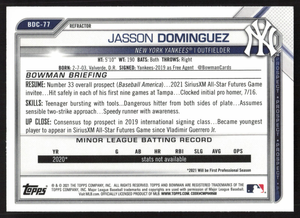 2021 Bowman Draft #BDC-77 Jasson Dominguez Chrome Refractor