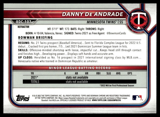 2022 Bowman Draft #BDC-107 Danny De Andrade Chrome Refractor