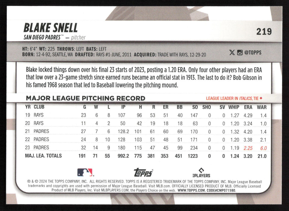 2024 Topps Big League #219 Blake Snell Rainbow Foil