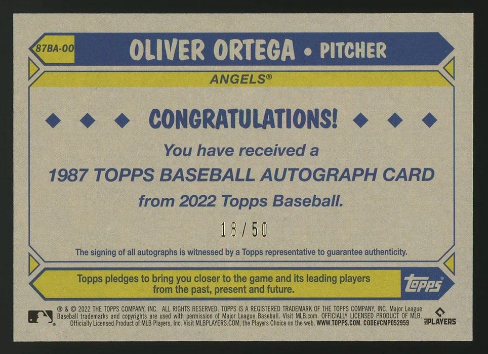 2022 Topps Update Series - 1987 Autographs #87BA-OO Oliver Ortega - Gold /50