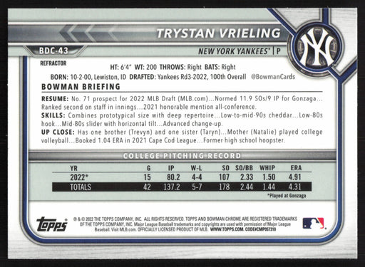 2022 Bowman Draft #BDC-43 Trystan Vrieling Chrome Refractor