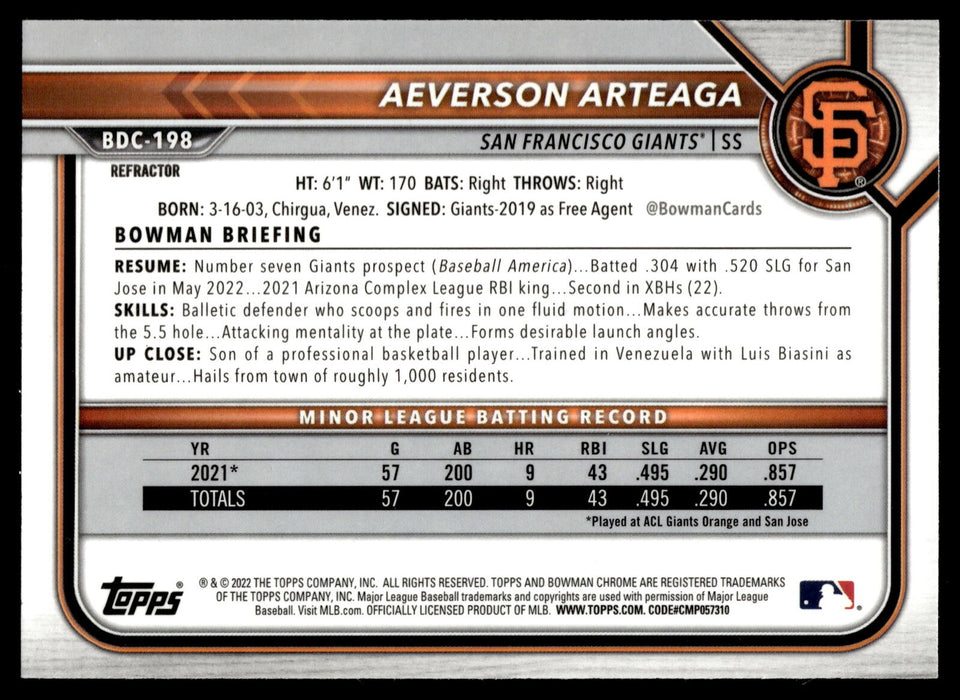 2022 Bowman Draft #BDC-198 Aeverson Arteaga Chrome Refractor