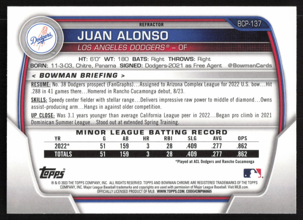 2023 Bowman #BCP-137 Juan Alonso Chrome Prospects Lunar Glow Refractor