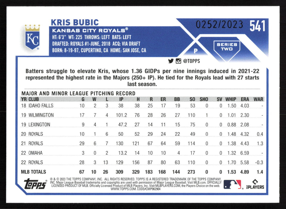 2023 Topps #541 Kris Bubic Gold #/2023