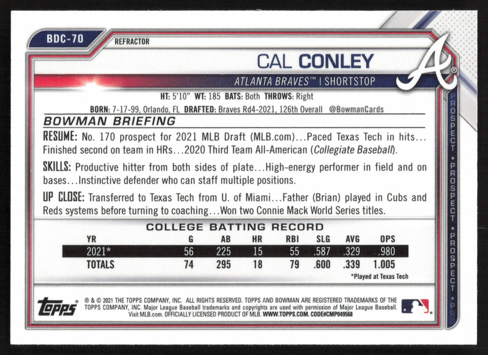 2021 Bowman Draft #BDC-70 Cal Conley Chrome Refractor