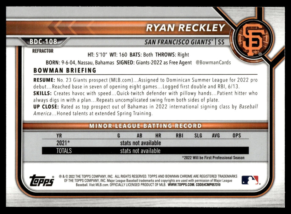 2022 Bowman Draft #BDC-108 Ryan Reckley Chrome Refractor