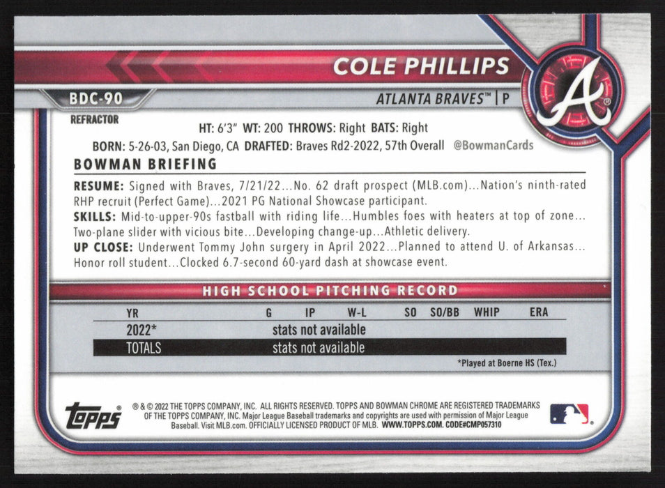 2022 Bowman Draft #BDC-90 Cole Phillips Chrome Refractor