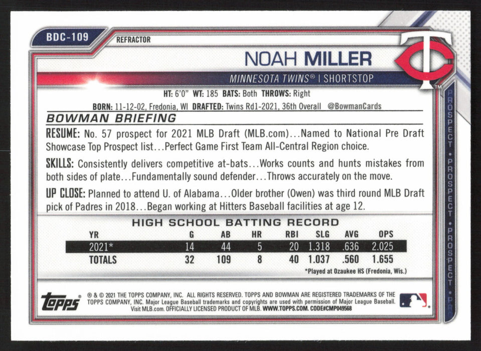 2021 Bowman Draft #BDC-109 Noah Miller Chrome Refractor