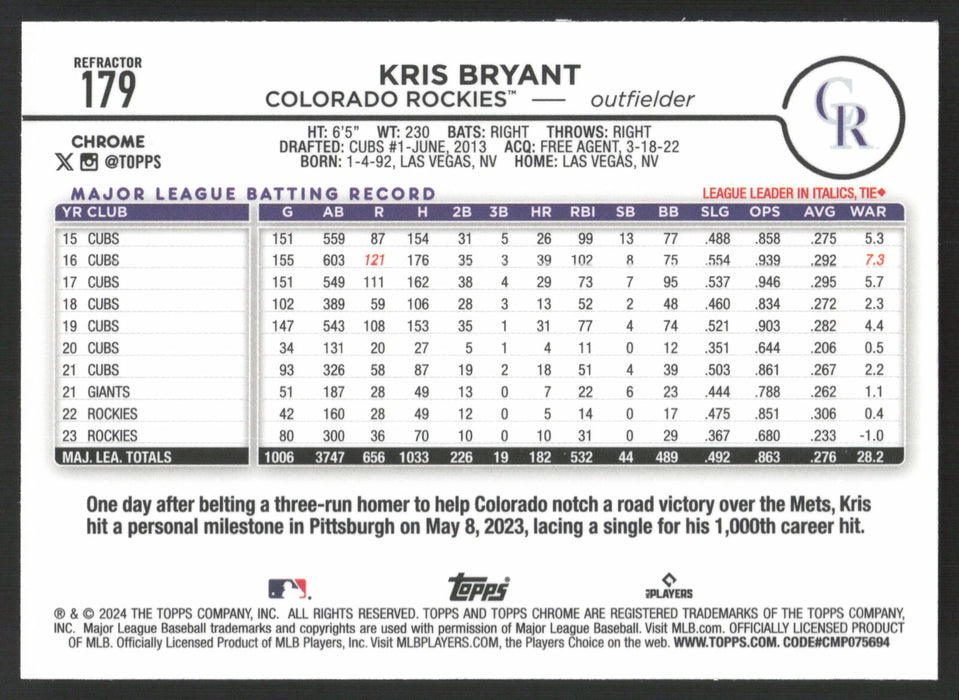 2024 Topps Chrome #179 Kris Bryant Refractor