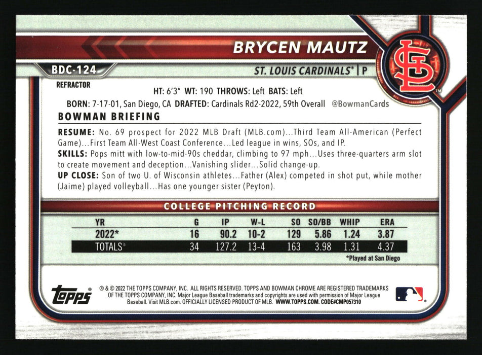 2022 Bowman Draft #BDC-124 Brycen Mautz Chrome Refractor