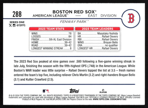 2024 Topps #288 Boston Red Sox Royal Blue