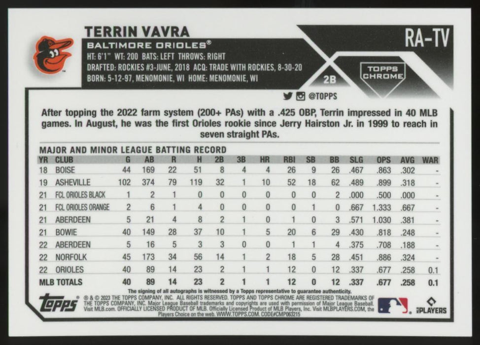 2023 Topps Chrome Update #RA-TV Terrin Vavra Autographs