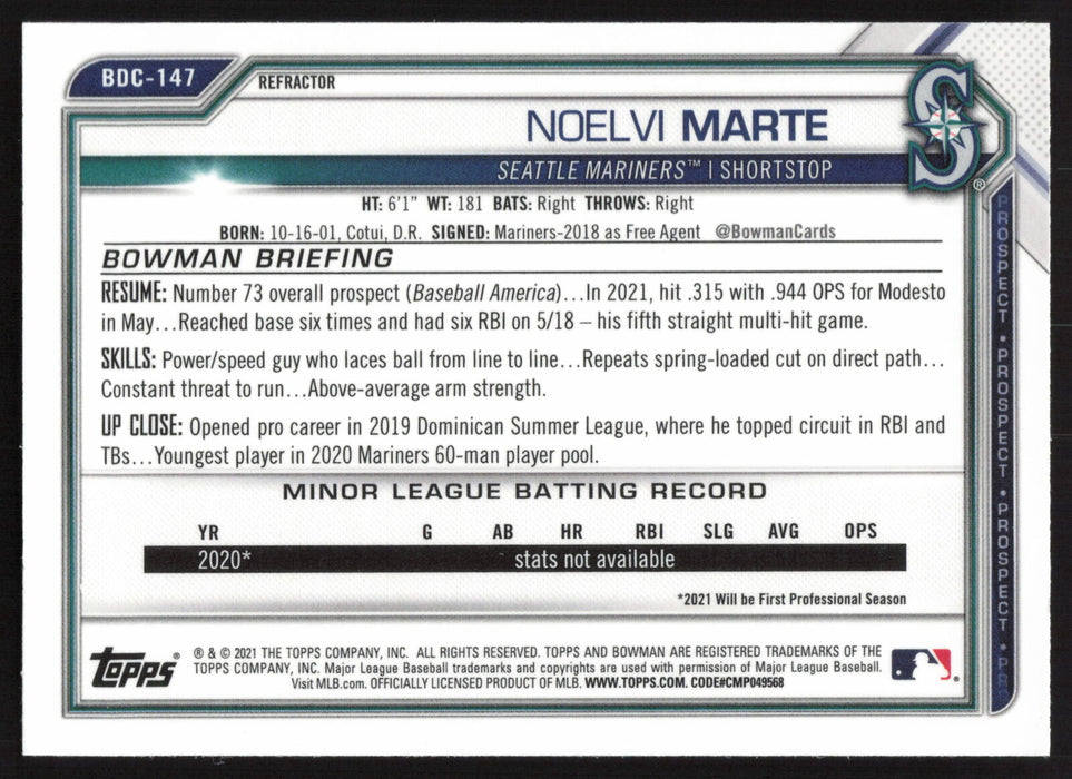 2021 Bowman Draft #BDC-147 Noelvi Marte Chrome Refractor