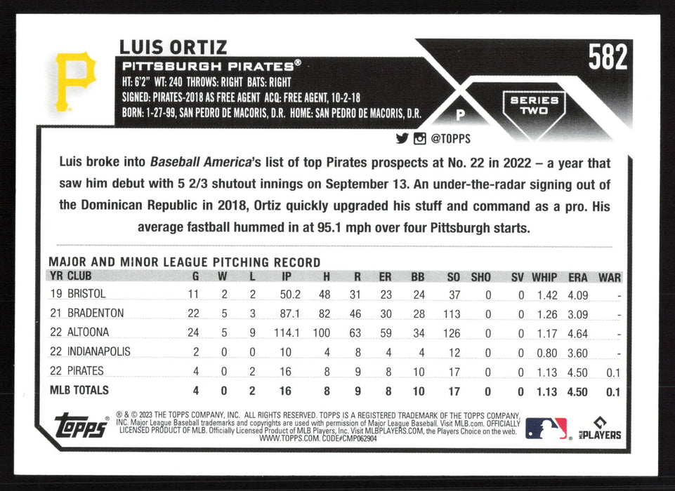 2023 Topps #582 Luis Ortiz Royal Blue