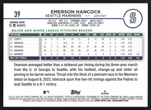 2024 Topps #39 Emerson Hancock Royal Blue