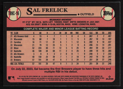 2024 Topps #T89C-16 Sal Frelick 1989 Topps Baseball 35th Anniversary Chrome