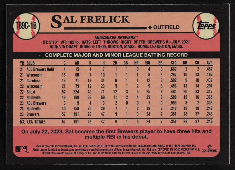 2024 Topps #T89C-16 Sal Frelick 1989 Topps Baseball 35th Anniversary Chrome